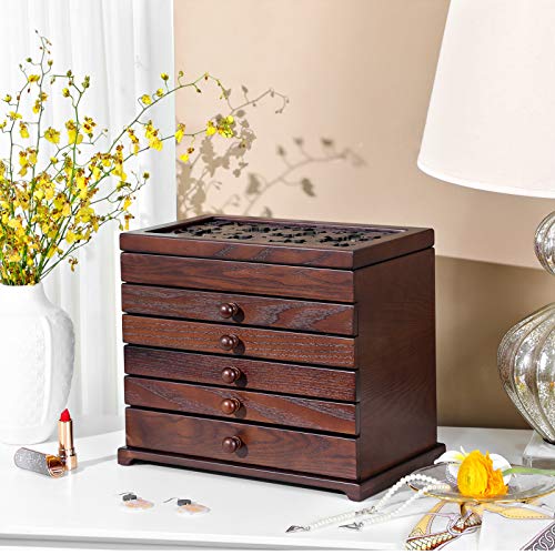 Wooden Jewellery Box with Floral Carving, 6-Tier Jewellery Organiser with 5 Removable Pull-Out Drawers, Gift for Loved Ones, Dark Brown