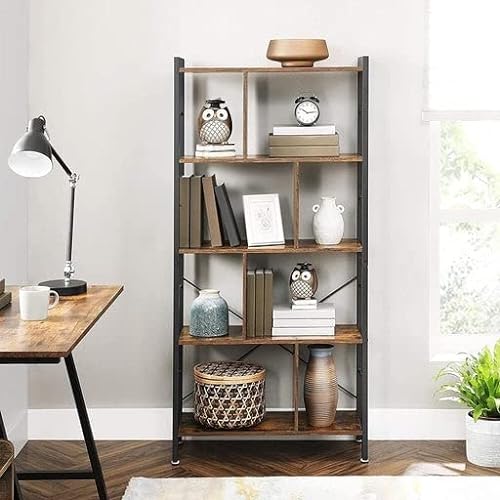 Bookshelf, Living Room Bookcase, Large 4-Tier Storage Shelf, for Office Study, Industrial Style, Easy Assembly, Steel Frame, Rustic Brown and Black