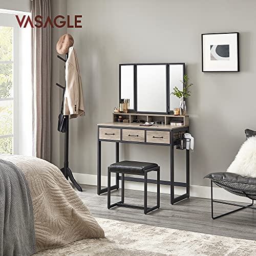 Dressing Table with Padded Stool, Triple Mirror, 3 Drawers, Hair Dryer Holder, Pot, Industrial Style, Grey and Black