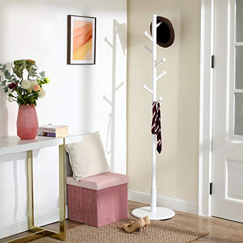 Coat Rack Free Standing Coat Tree with 7 Rounded Hooks, Wood Hall Tree, Entryway Coat Stand for Clothes, Hats, Purses, in the Entryway, Living Room, White