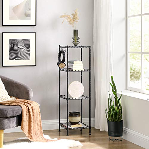 Bathroom Shelf, 4-Tier Wire Shelving Unit, Metal Storage Rack, Total Load Capacity 80 kg, with 4 PP Sheets, Removable Hooks, 30 x 30 x 102 cm for Small Space, Black