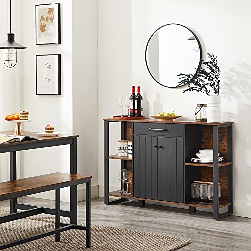 Sideboard, Kitchen Cupboard Storage Organiser, Storage Cabinet with Drawer, Shelves, Door, Steel Frame, Side Cabinet for Living Room, Dining Room, Hallway, Rustic Brown and Black