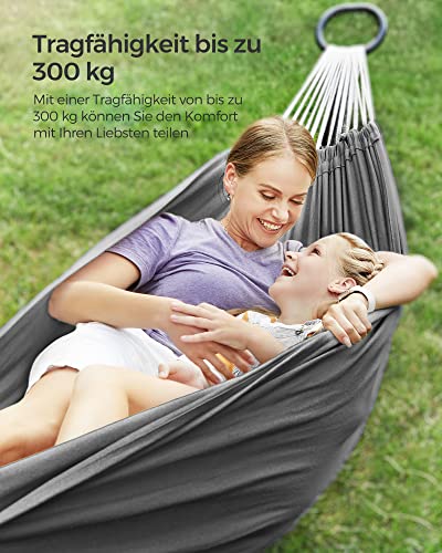 Hammock, 210 x 150 cm, Double Hammock, 300 kg Load Capacity, for Terrace, Balcony, Garden, Outdoor, Camping, with Carry Bag, Fastening Straps and Carabiners, Grey