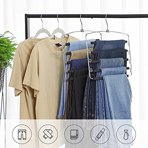 Trousers Hangers, Set of 3 Space-Saving Multi-Bar Metal Pants Hangers, Stable with Non-Slip Padding, Swing Bars for 5 Jeans Each, Suit Pants, Scarves, Ties