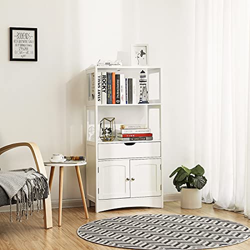 Large Wardrobe with Drawer, 2 Open Shelves and Double Doors, Wardrobe for Bathroom, Entrance, Kitchen and Living Room, White