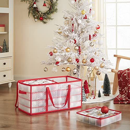 Christmas Ornament Storage Box, Storage Cube Bin for Christmas Decorations, 128 Box Places, Modular Dividers, 67 x 34 x 34 cm, Semi-Transparent and Red