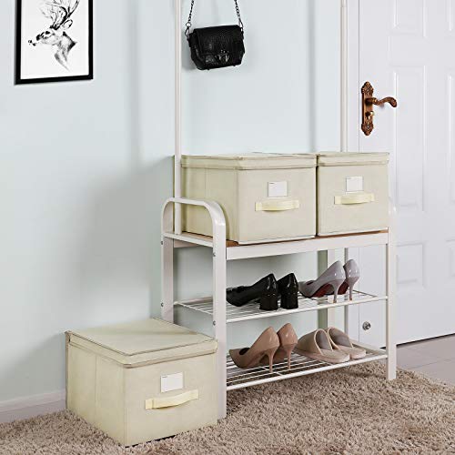 Set of 3 Foldable Storage Boxes with Lids, Fabric Cubes with Label Holders, Storage Bins Organiser, 40 x 30 x 25 cm, Beige