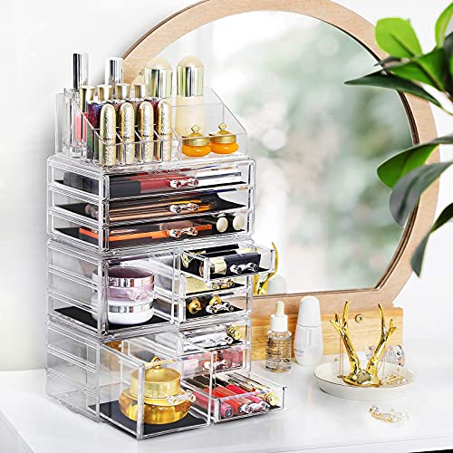 4 in 1 XXL Makeup Organiser, Makeup Box with 11 Drawers and 15 Compartments in Different Sizes, Non-Slip Pads, for Cosmetics and Jewellery, Transparent