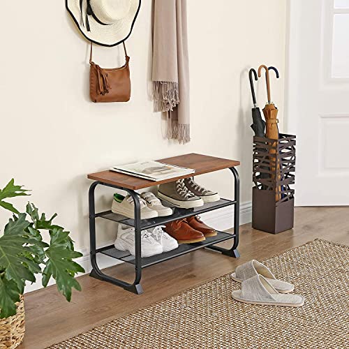 Shoe Bench, Industrial Shoe Rack with 2 Mesh Shelves, Rounded Iron Frame, in Hallway and Living Room, Stable, Narrow and Space Saving, Rustic Brown