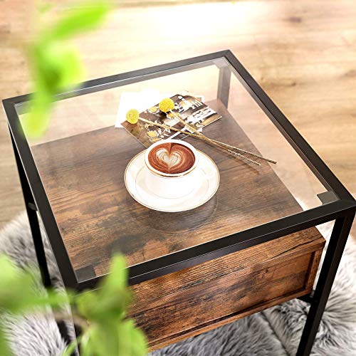 Side Table, Tempered Glass End Table with Drawer and Shelf, Bedside Table, Industrial in Living Room Lounge Foyer, Stable Steel Frame, Rustic Brown and Black