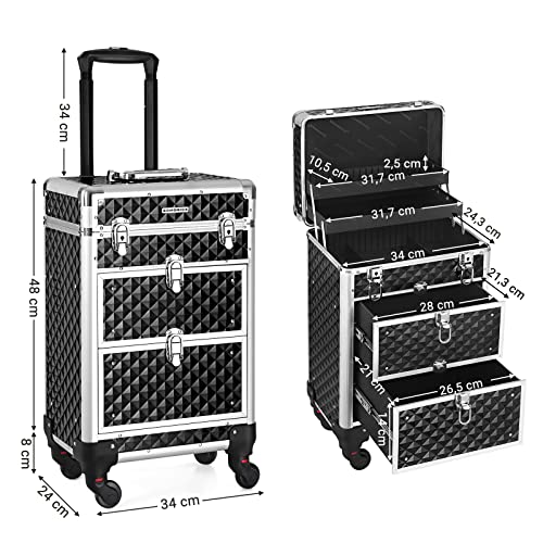 Lockable Makeup Case, Rolling Cosmetics Beauty Trolley Box, for Professional Makeup Artist, Beauty Studio, Nail Technician, ABS, Aluminum, 34 x 27 x 57 cm, Black