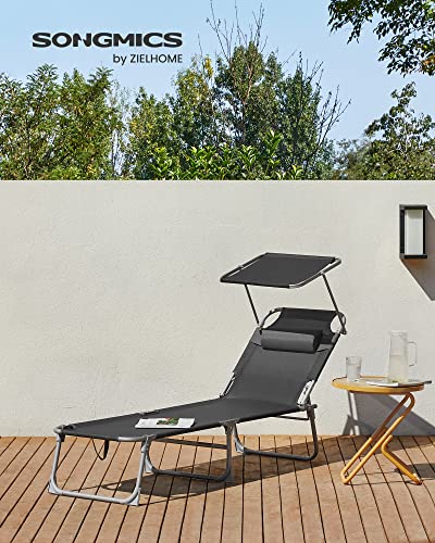 Sun Lounger, Sunbed, Reclining Sun Chair, with Headrest, Adjustable Backrest, Sunshade, Lightweight, Foldable, 53 x 193 x 29.5 cm, Load Capacity 150 kg, for Garden, Dark Grey