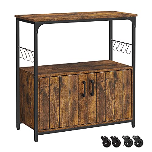 Sideboard, Kitchen Island, Baker’s Rack with Wheels, Food Trolley with Doors, 8 Hooks, Storage Shelves, 80 x 35 x 80 cm, Industrial Kitchen Cupboard, Rustic Brown and Black