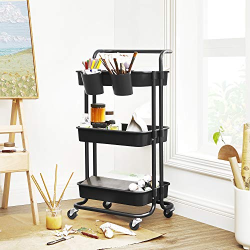 Rolling Cart, 3-Tier Storage Cart, Storage Trolley with Handle 2 Small Organisers, Steel Frame, Plastic Baskets, Utility Cart, Easy Assembly, for Bathroom Laundry Room, Black