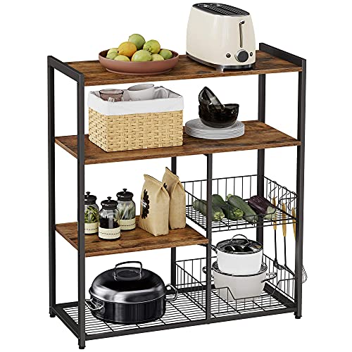 Baker’s Rack, Kitchen Island with 2 Metal Mesh Baskets, Shelves and Hooks, 80 x 35 x 95 cm, Industrial Style, Rustic Brown