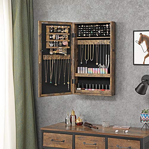 Wall-Mounted Jewellery Cabinet, Lockable Jewellery Armoire with Mirror, Space-Saving Jewellery Organiser, Rustic Brown