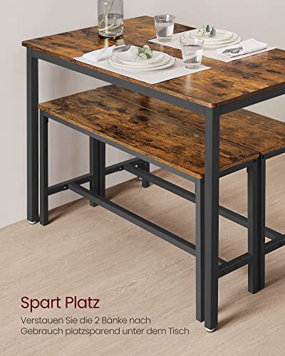 Dining Table with 2 Benches, 3 Pieces Set, Kitchen Table of 110 x 70 x 75 cm, 2 Benches of 97 x 30 x 50 cm Each, Steel Frame, Industrial Design, Rustic Brown and Black