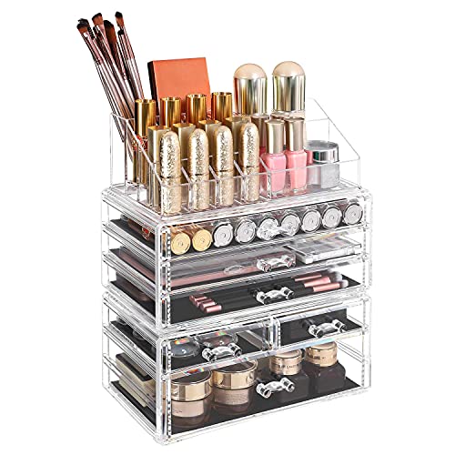 Large Clear Acrylic Make up Organiser, Stackable Cosmetic Box, with 6 Drawers, for Palette Brush Foundations Lipstick Nail Polish Hairpins, Great Gift for Loved Ones