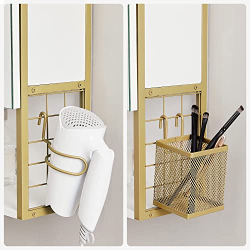 Bathroom Mirror Cabinet with Lighting, Bathroom Cabinet, Wall Cabinet for Bathroom, Height-Adjustable Shelf, Double Door, Modern, White-Gold