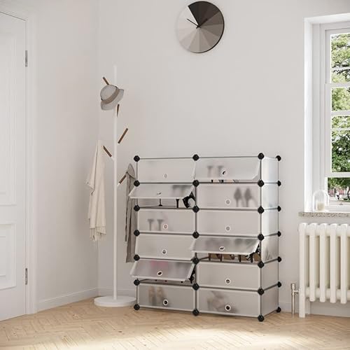 Interlocking Shoe Rack, Rectangular Storage Organiser, 12-Slot Modular DIY Storage Shelf Unit, 40 x 30 x 17 cm for Each Slot, Metal Wire Wardrobe, White