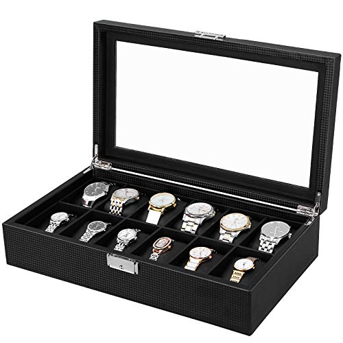 watch box with 12 compartments, large watch box with glass lid, PU cover, velvet lining, metal clasp, great gift for loved ones, 36.2 x 9 x 21.3 cm, black