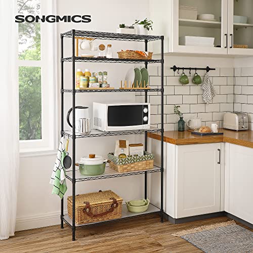 Kitchen Shelf with 6 Levels, Metal Shelf, Standing Shelf, Height Adjustable Mesh Shelf, with PP Plastic Plates, 8 S-Hooks, for Kitchen, Living Room, Space Saving, Black