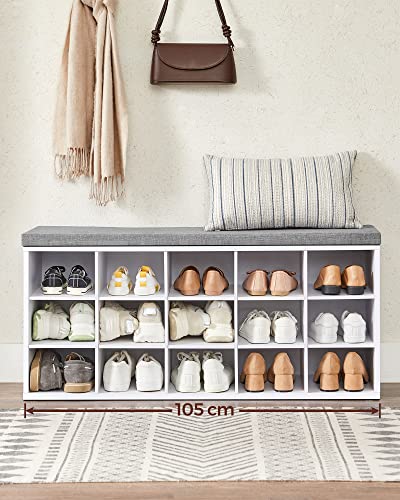 Shoe Bench Bench Shoe Rack with Seat with Cushion and 15 Compartments Storage Rack for Hallway Holds up to 200 kg White Grey