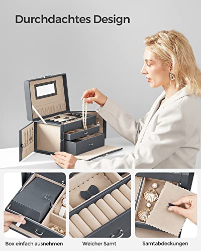 Jewellery Box 3 Layers, Jewellery Organiser with 2 Drawers, Jewellery Case with Portable Travel Case, with Handle, Lockable, Jewellery Storage, Gift for Loved ones, Grey