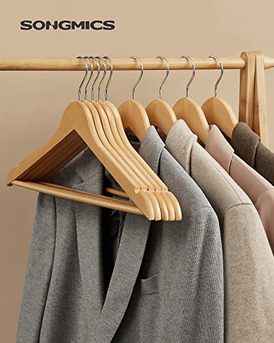 Wooden Hangers, 30 Pieces, Rack with Shoulder Grooves, Non Slip Trouser Bar and 360° Swivel Hook, for Complete Shirts Coats, Natural , Standard, Maple Wood, Metal