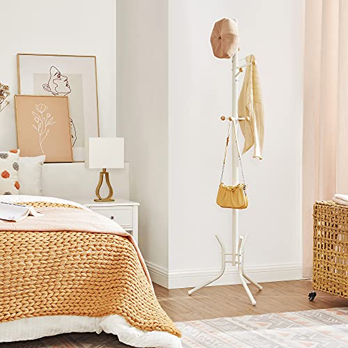 Coat Rack, Freestanding Metal Coat Tree, 11 Hooks with Wooden Ends, for Coats, Hats, Bags, 53.5 x 53.5 x 173 cm, White