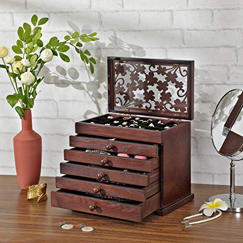 Wooden Jewellery Box with Floral Carving, 6-Tier Jewellery Organiser with 5 Removable Pull-Out Drawers, Gift for Loved Ones, Dark Brown