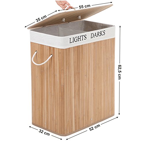 100L (62.5 x 52 x 32 cm) laundry basket bamboo foldable laundry box with 2 compartments laundry basket with removable laundry bag., Bamboo, natural