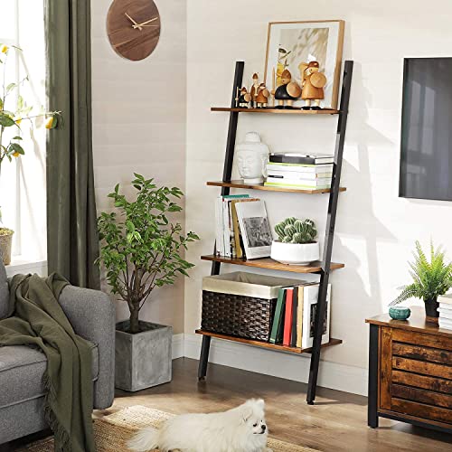 Ladder Shelf, Wall Rack Shelf and Storage Shelving Unit, 4-Tier Bookshelf, Living Room Kitchen Office, Steel, Stable, Slanted, Industrial, Rustic Browne and Black