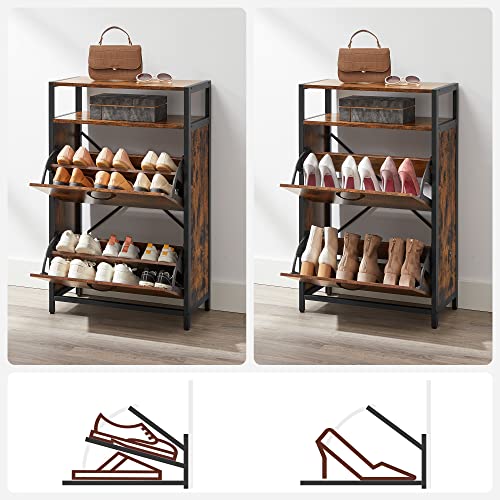 Shoe Cabinet with 2 Flip Doors, Hallway Shoe Storage Rack with Open Compartment, Internal Dividers, for 8-12 Pairs of Shoes, 60 x 30 x 95 cm, Rustic Brown and Black