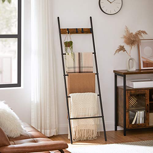 Towel Ladder Shelf with 5 Levels 44 x 160 cm Space Saving Metal Frame 4 Hooks Industrial Style Vintage Brown/Black