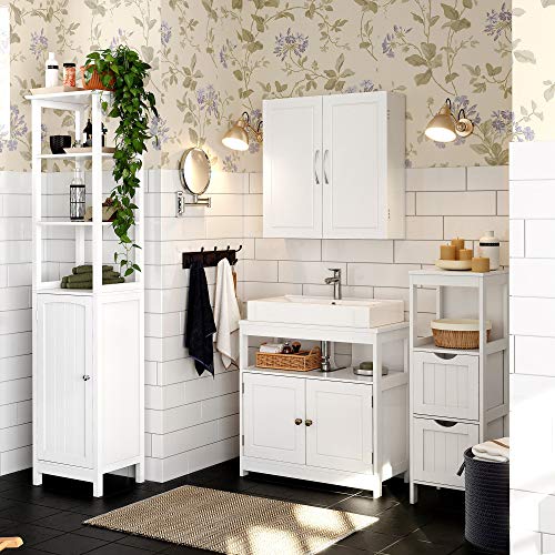 Wall Cabinet, Hanging Bathroom Storage Cabinet, Medicine Cupboard with Adjustable Shelves, Double Doors, 60 x 18 x 60 cm, Scandinavian Nordic Style, Matte White