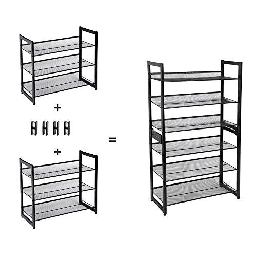 3-Tier Shoe Rack Storage, Steel Mesh, Flat or Angled Stackable Shoe Shelf Stand for 9 to 12 Pairs of Shoes, Black