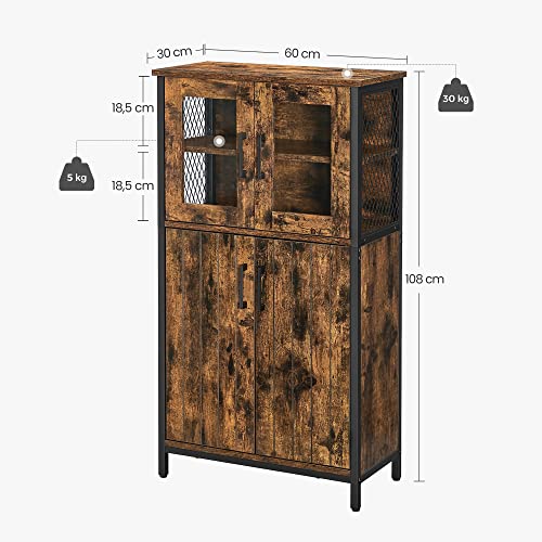 Storage Cabinet, Multipurpose Cupboard, Sideboard, Adjustable Shelf, Bathroom Cabinet, Steel Frame, for Living Room Kitchen, Industrial Style, Rustic Brown and Black