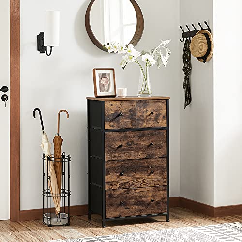 Chest of Drawers, Fabric 5-Drawer Storage Organiser Unit, Wooden Front and Top, Industrial Style Dresser Unit, for Living Room, Hallway, Nursery, Rustic Brown and Black