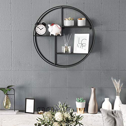 Industrial Metal Wall Shelf, Round Floating Shelf With 3 Metal Mesh Panels, With 2 Screws, 55 Dia. X 12 cm, for Living Room, Office, Kitchen, Decoration, Black