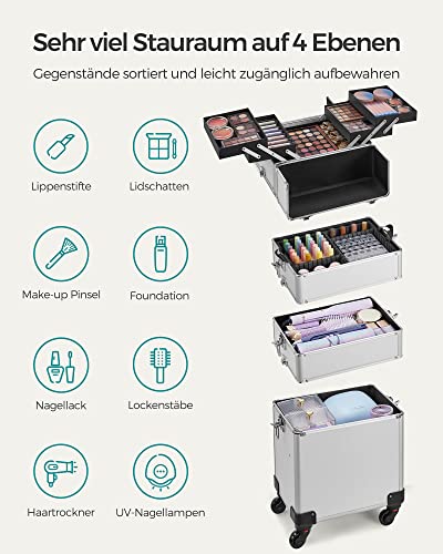 Cosmetic Case, Trolley Case, 4-in-1 Vanity Case, Makeup Case for Travel, Large Hairdressing Case, Lockable, 360° Rotating Universal Wheels, silver