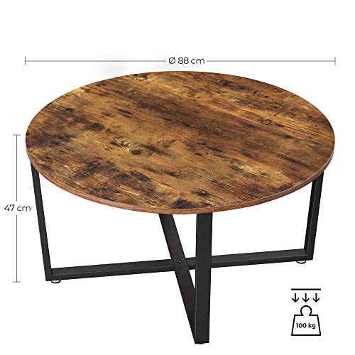 Round Coffee Table, Industrial Style Cocktail Table, Durable Metal Frame, Easy To Assemble, for Living Room, Bedroom, Rustic Brown and Black