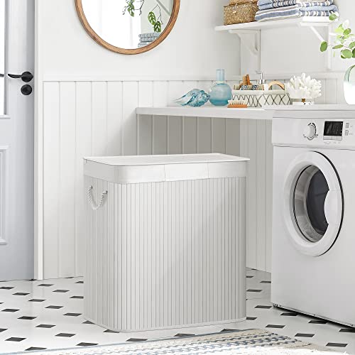 Laundry Hamper Basket with 3 Sections, Clip-on Lid and Handles, 150L Foldable, for Laundry Room, Bedroom, Bathroom, White