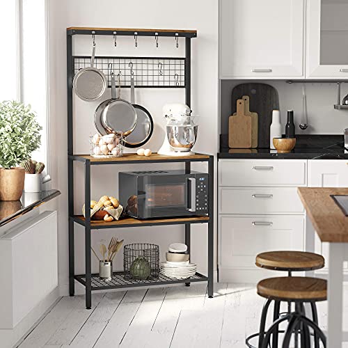 Industrial Kitchen Baker's Rack, Kitchen Unit with Storage Shelves, 10 Hooks and Metal Mesh Shelf, Microwave Oven Utensils Shelf, 84 x 40 x 170 cm, Rustic Brown