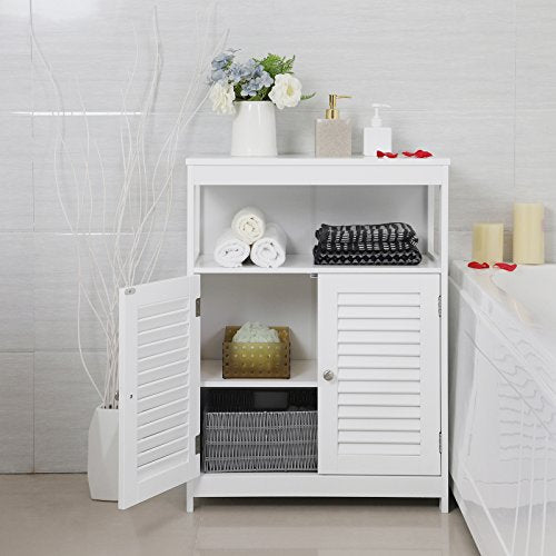 Wooden Bathroom Floor Cabinet Storage Organiser Rack, Kitchen Cupboard Free Standing, with Double Shutter Doors, White