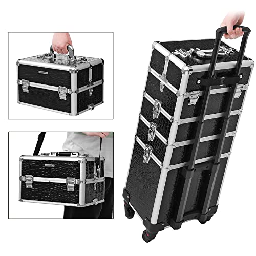 4-in-1 Professional Makeup Case, Travelling Beauty Trolley, Cosmetic Trolley for Hairdressers, Lockable Makeup Storage with Castors, Black