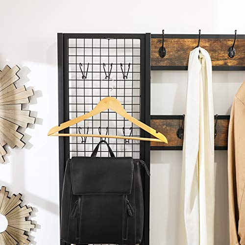 Coat Rack, Coat Stand with Grid Wall, Shoe Rack, Hall Tree, 2 Mesh Shelves, Hooks, 185 cm Tall, Lots of Storage Space, Easy to Assemble, Industrial Style, Rustic Brown