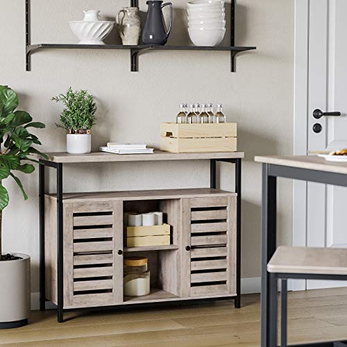 Floor Standing Cabinet, Kitchen Storage Cabinet with Cupboard and Shelves, Louvred Doors, for Dining Room, Living Room, Hallway, Bedroom, Greige and Black