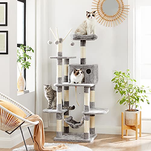 Cat Tree, Cat Condo with Hammock, Perch, Cat Tower, Light Grey