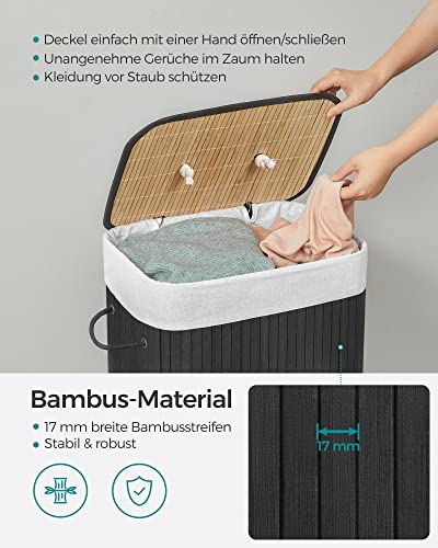 Bamboo Laundry Basket, 72L Foldable Laundry Hamper, Rectangular Storage Hamper with 3 Handles, 40 x 30 x 60 cm, Black